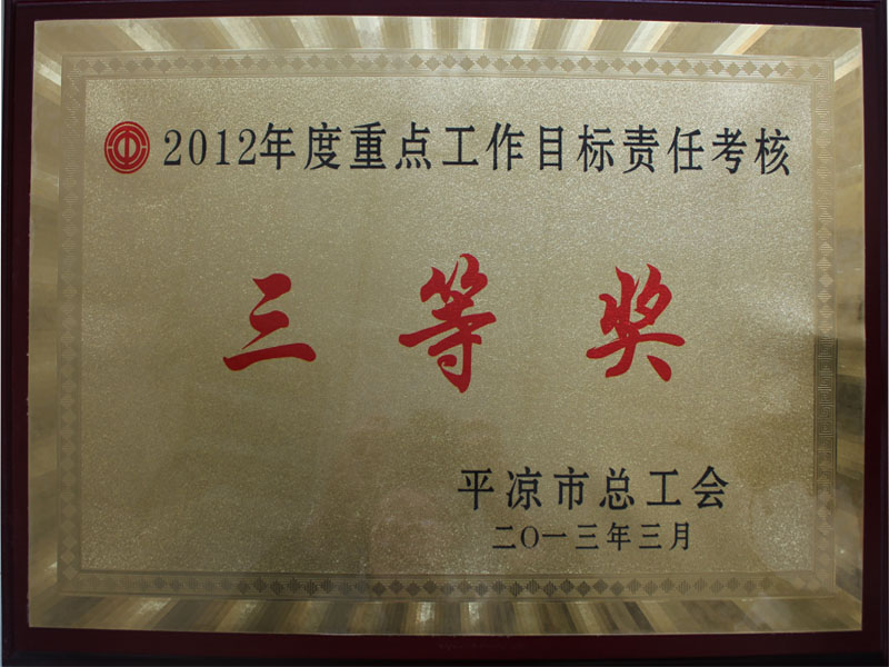 2013年3月27日我集團(tuán)公司工會(huì)榮獲2012年度重點(diǎn)工作目標(biāo)責(zé)任考核三等獎(jiǎng)